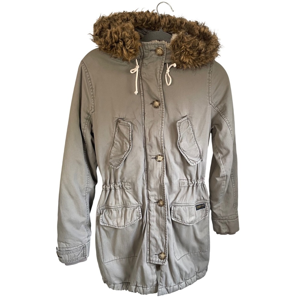 VTG Abercrombie & Fitch Sherpa Lined Parka Jacket Gray Olive Faux Fur Hood XS